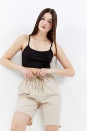 Kadın Oversize Paraşüt Kumaş Açık Cepli Şort - Bej - Görsel 8