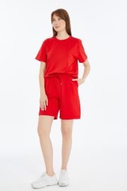 Kadın Oversize Duble Paça Penye Şort & Tişört Takım - Kırmızı - Görsel 5