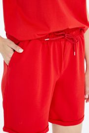 Kadın Oversize Duble Paça Penye Şort & Tişört Takım - Kırmızı - Görsel 7