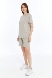 Kadın Oversize Duble Paça Penye Şort & Tişört Takım - Taş - Görsel 10