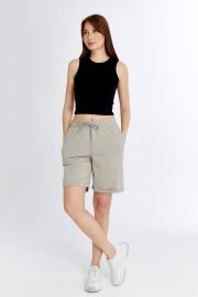 Kadın Oversize Duble Paça Pamuklu Kumaş Şort - Taş - Görsel 8
