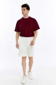 Erkek Oversize Duble Paça Penye Şort - Beyaz