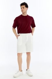Erkek Oversize Duble Paça Penye Şort - Beyaz - Görsel 10