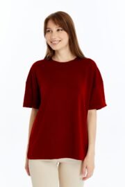 Kadın Modal Kumaş Oversize Bordo T-Shirt - Görsel 4