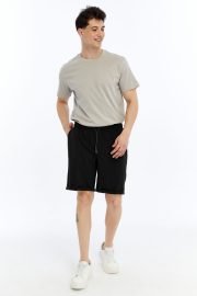 Erkek Oversize Duble Paça Penye Şort - Siyah - Görsel 5