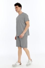 Erkek Oversize Duble Paça Penye Şort & Tişört Takım - Gri - Görsel 5