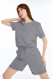Kadın Oversize Duble Paça Penye Şort & Tişört Takım - Gri - Görsel 13