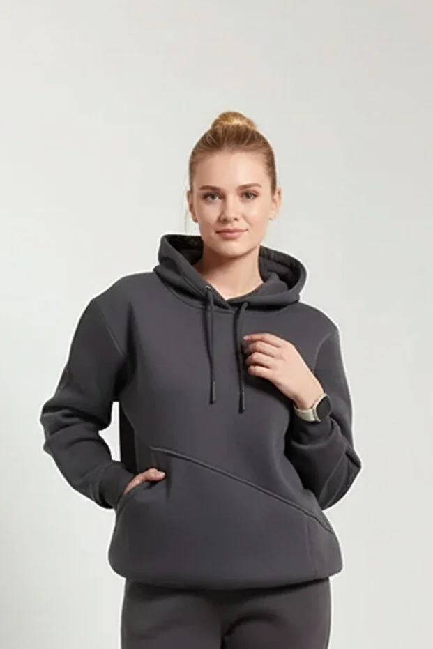 koyuf1 Kapüşonlu Yandan Cepli Sweatshirt - Koyu Füme - Görsel 1
